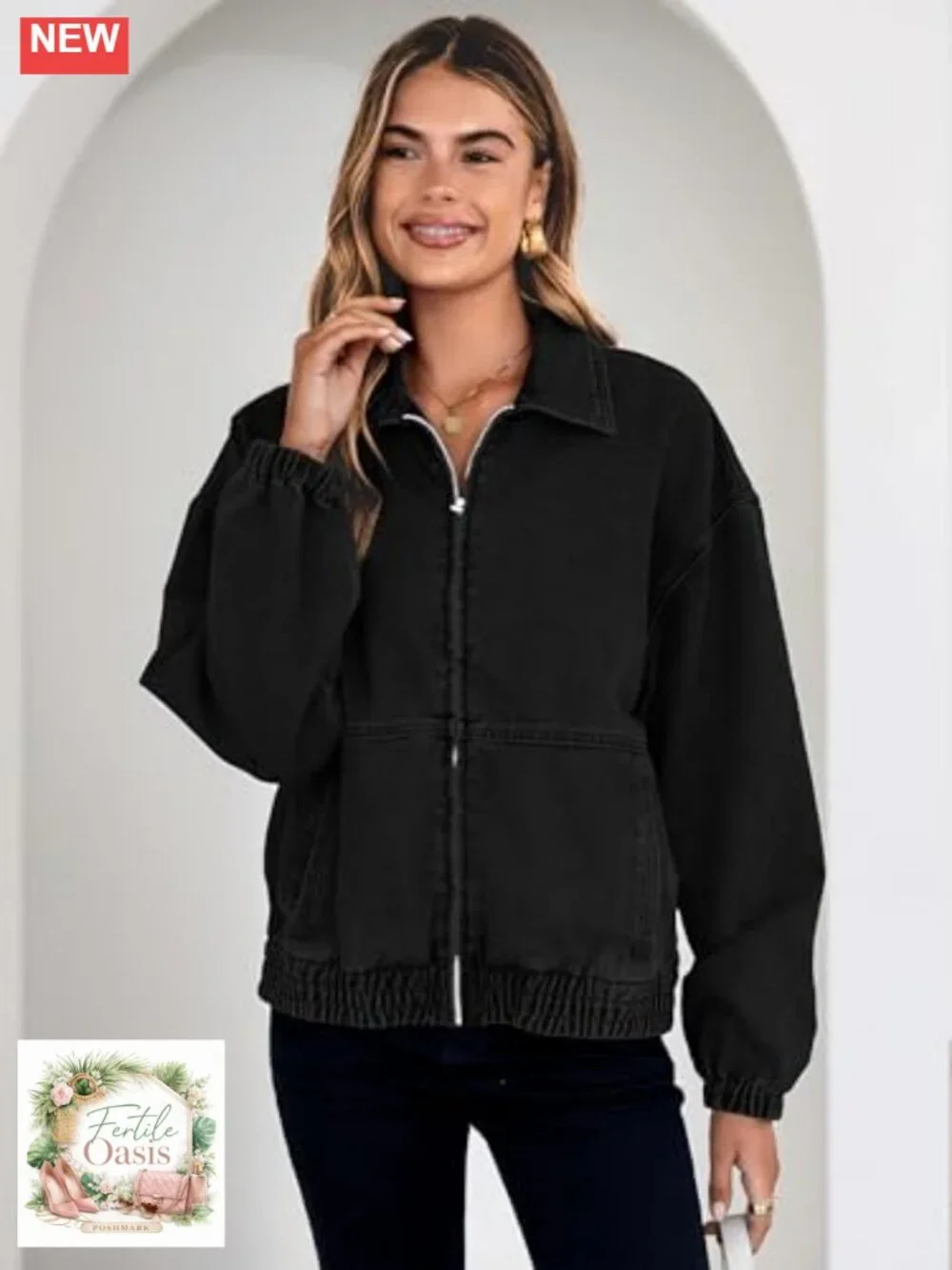 Oversized Denim Jacket Women Zip Up Long Sleeve Casual Loose Fit Jean Jacket